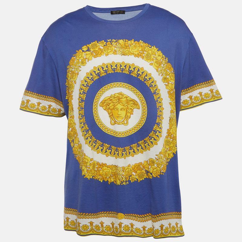 Versace Blue Baroque Print Jersey Crewneck Polo T-Shirts 6xl
